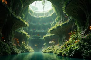 A photorealistic depiction of an underground city, where a majestic, futuristic structure appears to be grown organically from the ceiling. The building's curves and tendrils are adorned with lush greenery, vines, and flowers, as if it's been naturally cultivated. Soft, ambient lighting casts a warm glow on the natural beauty within, with delicate droplets of water glistening on the verdant surfaces.