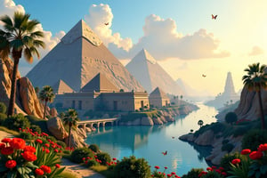 A majestic photorealistic depiction of an ancient Egyptian city, with the Grand Pyramid standing tall amidst lush gardens filled with vibrant flowers, delicate butterflies, and twinkling fireflies. The golden glow of sunset casts a warm ambiance, while the clear blue sky above is reflected in the serene lake and winding river. In the distance, a modern road snakes its way through the ancient landscape, blending seamlessly with the advance technology of towering skyscrapers.