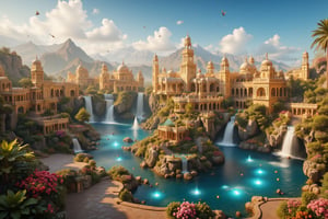 Photorealistic image, arabic architecture, grand palaces made up from goldand silver, several bridge connecting with other palace, stairs, floating island with gazebo, mountain, hill, waterfall, river, lakes, water in white and blue color, water emitting dim light, fountain, garden, colourful fireflies, butterflies, colourful flower, trees, various fruit such as apple, mango, banana, sand made up from diamond, road made up from gold, clear sky, Imp'roveBG