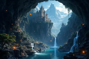 A surrealistic landscape: a grand citadel hangs precariously from the underground ceiling, its architecture distorted by the inverted perspective. The cavernous space is bathed in an ethereal glow from crystal formations, as if infused with luminescent magic. A serene lake and winding river flow through the area, their surfaces adorned with fluttering butterflies and flickering fireflies. Amidst this mystical setting, a majestic mountain range rises, its peaks shrouded in mist. A delicate waterfall cascades down one face, its crystalline droplets refracting the ambient light into a kaleidoscope of colors. Tendrils of a flower tree bloom amidst the garden, their petals shimmering like tiny jewels.