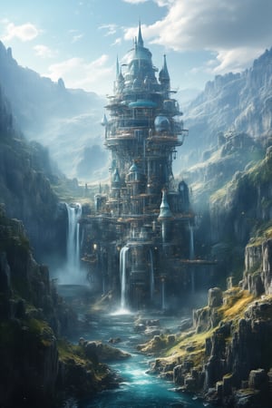 A majestic photorealistic rendering of a moving castle perched atop a tall building, its mechanical leg extending from the foundation as intricate gears whir into motion. The surrounding landscape features serene lakes, a winding river, and a majestic mountain range, culminating in a breathtaking waterfall that cascades down the rocky face. Against the backdrop of a crystal-clear sky, the moving castle stands out against the natural beauty, its mechanical components glinting in the sunlight.