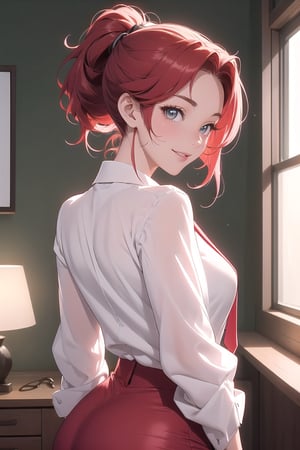A sultry Makima from the anime series sits solo in a dimly lit room, her red hair cascading down her back like a fiery waterfall. Her ringed eyes gleam with a subtle hint of mischief as she gazes directly at the viewer. A braided ponytail adorns her head, framing her striking features. She wears a crisp white shirt with a black necktie and matching pants, drawing attention to her curvaceous figure. The camera frames her from behind, showcasing her impressive posterior as she confidently presents it to the viewer, accompanied by a sly upturned smile.