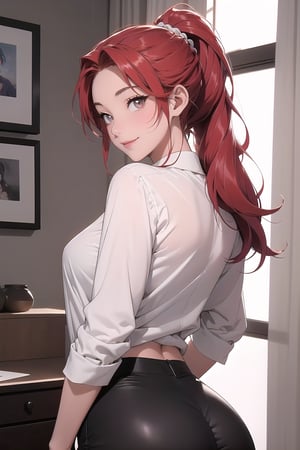 A sultry Makima from the anime series sits solo in a dimly lit room, her red hair cascading down her back like a fiery waterfall. Her ringed eyes gleam with a subtle hint of mischief as she gazes directly at the viewer. A braided ponytail adorns her head, framing her striking features. She wears a crisp white shirt with a black necktie and matching pants, drawing attention to her curvaceous figure. The camera frames her from behind, showcasing her impressive posterior as she confidently presents it to the viewer, accompanied by a sly upturned smile.