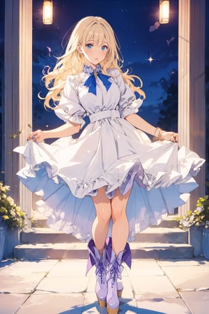 a woman with blonde, wavy hair with bangs, beautiful with gray blue eyes, wearing a light violet 70's style dress with white 70's style platform boots, beautiful with full lips, the dress is short and pearly, it has no sleeves, the atmosphere overall it's magical, high quality, good detailed eyes, illustration