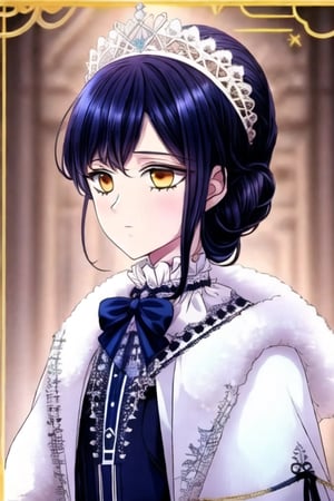 a little girl with  blue navy hair and golden eyes using a victorian outfit