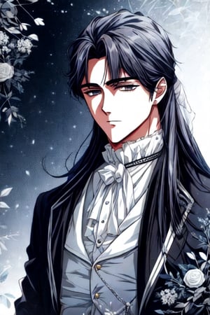 a handsome man with dark long hair and eyes with blue and gray color using victorian outfit and with a lot of flowers 