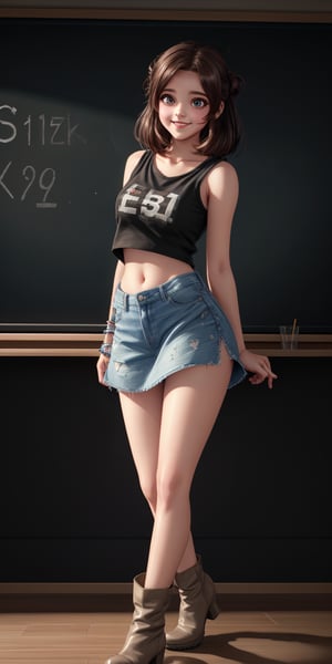 cute beautiful girl in thigh boots, loose crop top, miniskirt, smiling,(highres, highly detailed:1.3), highly detailed face, delicate eyes, perfect_eyes, two Heavy eyelids, horny and dynamic pose, cinematic lighting, vibrant colors, beside a blackboard where is only written "2K" in shalk, ((text "2K" on the blackboard))