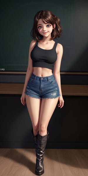 cute beautiful girl in thigh boots, tight crop top, miniskirt, smiling,(highres, highly detailed:1.3), highly detailed face, delicate eyes, perfect_eyes, two Heavy eyelids, shy and dynamic pose, cinematic lighting, vibrant colors, beside a blackboard where is only written "2K" in shalk, ((text "2K" on the blackboard))