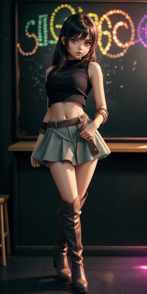 cute girl in thigh boots, loose crop top, miniskirt, bokeh,(highres, highly detailed:1.2),cinematic lighting,vibrant colors, beside a blackboard where is only written (("2K")) in shalk