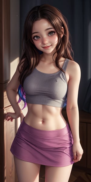 cute beautiful girl in bare feets, tight crop top, tight mini skirt, smiling,(highres, highly detailed:1.3), highly detailed face, delicate eyes, perfect_eyes, two Heavy eyelids, shy and dynamic pose, cinematic lighting, vibrant colors, ,pp clothes