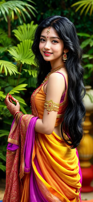 1girl,beautiful indian girl, solo, looking at viewer, smile, sleeve less kurti, black hair, jewelry, standing, full body, Heavy eyelids, earrings, necklaces, outdoors, mehndi on hand, showing mehndi, plant, long kurti, vibrant colors,Detailedface,Carter