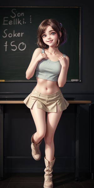 cute beautiful girl in thigh boots, loose crop top, miniskirt, smiling,(highres, highly detailed:1.3), highly detailed face, delicate eyes, perfect_eyes, two Heavy eyelids, shy and dynamic pose, cinematic lighting, vibrant colors, beside a blackboard where is only written "2K" in shalk, ((text "2K" on the blackboard))