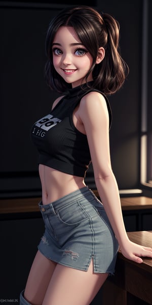 cute beautiful girl in thigh boots, loose crop top, miniskirt, smiling,(highres, highly detailed:1.3), highly detailed face, delicate eyes, perfect_eyes, two Heavy eyelids, sexy and dynamic pose, cinematic lighting, vibrant colors, beside a blackboard where is only written "2K" in shalk, ((text "2K" on the blackboard))