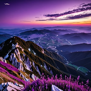 landscape seen from a mountain with a purple sunset