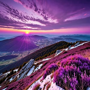 landscape seen from a mountain with a purple sunset