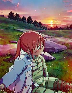 Kobayashi with Jetstream Sam's clothes,
sitting on a hill in the meadow, with a sunset in the background,Jetstream Sam,score_9,petite