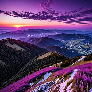 landscape seen from a mountain with a purple sunset