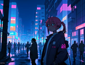 Kobayashi en el techo de un edificio, mirando una ciudad estilo cyberpunk de noche 