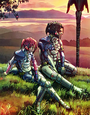 Kobayashi with [Jetstream Sam's clothes],
sitting on a hill in the meadow, with a sunset in the background,Jetstream Sam,score_9,petite