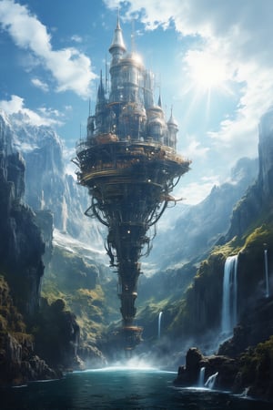 A majestic photorealistic rendering of a moving castle perched atop a tall building, its mechanical leg extending from the foundation as intricate gears whir into motion. The surrounding landscape features serene lakes, a winding river, and a majestic mountain range, culminating in a breathtaking waterfall that cascades down the rocky face. Against the backdrop of a crystal-clear sky, the moving castle stands out against the natural beauty, its mechanical components glinting in the sunlight.,noc-space