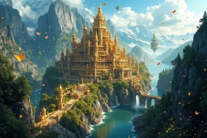 Photorealistic depiction of a dwarven city of gold, with a grand citadel standing tall at its center. The structure is protected by sturdy walls, surrounded by lush gardens, a serene river, and a tranquil lake. A meandering road winds through the city, lined with street lamps that cast a warm glow. The surrounding nature is breathtaking, featuring towering mountains, a misty waterfall, and a clear blue sky filled with fluttering butterflies and twinkling fireflies. In the distance, several floating islands drift lazily across the sky, adding to the majestic beauty of this golden metropolis.