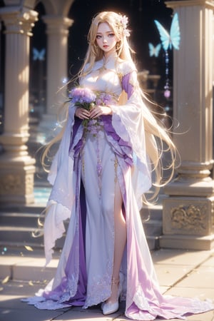 Ancient style, Hanfu, fairy costume, water sleeves, white with aqua blue, elegant, (night), (((blonde_hair:1.3))), (long hair:1.4), ((purple eyes)), ((1 mature woman: 1.3)), slim, slender,, best quality, extremely detailed, HD, 8k, (evil smile), (evil face), angel_wings, sfw, (red lips), 1 girl, GdClth, 1 girl ,leoarmor,DonM3l3m3nt4l,long hair, hair accessories, long sleeves, dress, jewelry, standing, whole body, flower, hair flower, necklace, white pink dress, Hanfu, white flower, realistic, holding flowers, Hanfu