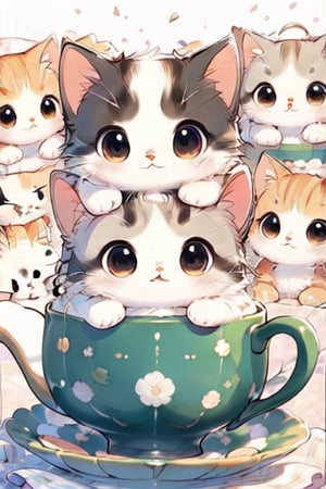 Kawaii kittens playing in a tea set,kawaii cat