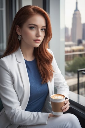 Full body photograph of a girl, 20 years old, red hair, green eyes, long hair, blue t-shirt, white jacket, white jeans, blue sneakers, beautiful silver earrings, very beautiful, beautiful, sensual girl. Elegant, sitting, (((drinking a coffee inside a hotel))), in front of a window, in New York, photo realistic, RAW photo, HDR, UHD, 64 k, dynamic agle, cinematic, shap focus, insane details, highly detailed, masterpice