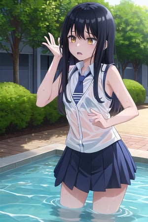 masterpiece,best quality,highres,ultra-detailed,yotsuya miko,flat chest,long hair,school uniform, wet, bra visible,white shirt, sleeveless,blue skirt,socks,black socks,loafers,outdoors,yawn pose,