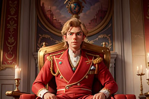masterpiece, high quality best quality,1male, prince chris hemsworth, ((inside a magnificent palace)), (wearing red 19th century royal clothing), Sitting on a royal throne made of metal, his gaze commanding respect and awe, ((in the Night)), cinematic lighting, highly detailed, medium shot photo,pandora, colorfull,God of wealth,chibi,Detailedface,Color Booster