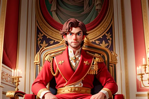 masterpiece, high quality best quality,1male, prince chris hemsworth, inside a magnificent palace, wearing red 19th century royal clothing, Sitting on a royal throne made of metal, his gaze commanding respect and awe, (in the Night), cinematic lighting, highly detailed,3DMM,Enhance