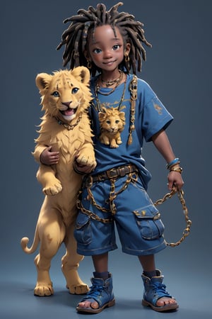 "Capture the power of Young Judah a black rough looking young man  he confidently walks only  two golden-yellow  lion cub one on right  side,. He has short black and grey dreadlocks and Dressed in a simple plan blue  T-shirt, blue cargo shorts, and a pair of  blue shoes, he exudes a great  strength and determination. With blue socks peeking out from his shoes, he holds a sturdy chain in his hand, guiding the majestic lion cub with ease. Show the full-body portrait of this young man, capturing the raw energy  shared between him and the lion cub transparent background







