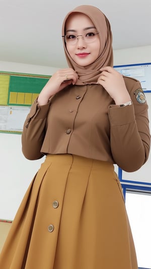 PNS, guru, super realistic 3/4 shot, passionate pose, professional photography portrait of a 40 year old female teacher in a classroom, very realistic skin, cinematic lighting, very original hijab fabric details, glasses, holding a book, scout clothing, transparent button-up shirt with right and left pockets, long slave, long tight plain skirt, (big hips: 1.3), looking at the camera, (masterpiece :1.0), (best quality: 1.0), beautiful, (intricate details), unity 8k wallpaper, very detailed and really lights up the realistic room,SkinDetail, Hijab,SDXL
