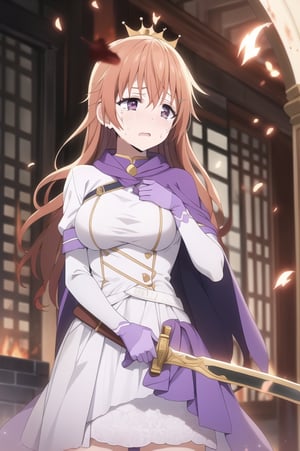 kanata konoe, medium breast, white dress, purple cape, crying, sad, sword, burned, blood