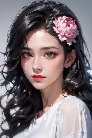 (masterpiece,  top quality,  best quality,  official art,  beautiful and aesthetic:1.2),  (1girl:1.3), beautiful korean woman, heterochromia, glitter eyes, grey eye color, photorealistic, black hair, long hair, forehead, peony headwear, in the style of flower based background, casual style, t_shirt, Realism, ASU1, Hanma_yujiro, NJI BEAUTY, smiling, (high quality:1.0), detailed face, (blush:0.8), perfect light