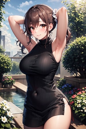 1girl, solo, sturdy build, attractive physique, toned figure, hourglass body shape, hips, breasts, lingerie, looking at viewer, blush, smile, bangs, light brown eyes, brown hair, large breasts, dress, bare shoulders, twintails, closed mouth, standing, flower, thighs, cowboy shot, outdoors, sky, sleeveless, day, cloud, armpits, water, arm up, sweater, tree, wrist cuffs, bare arms, covered navel, sleeveless dress, turtleneck, drill hair, scrunchie, grass, white flower, ribbed sweater, arm behind head, sweater, wrist scrunchie, black sweater, sweater dress, white scrunchie, sleeveless sweater, pond, Detailedface