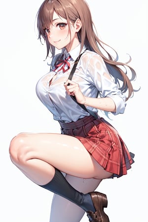 (((masterpiece))), (((best quality))), Best picture quality, high resolution, 8k, sharp focus, image of elegant lady, supermodel, girl, standing, wearing short-sleeved school uniform, dark-colored skirt, pleated skirt with tartan pattern, bubble socks, student shoes, light brown hair, long hair, brown eyes, side-swept bangs, hair betweem eyes, sideburns, phone, (wet body:1.0), sunlight, a dog, helf body, shoes removed, Head tilt, untucked, Profile, (high quality:1.0) (white background:0.8), detailed face, (blush:1.0), 1 girl,Young beauty spirit, ZGirl, perfect light, Detailedface,1 girl, big eyes, eye shadow ,SharpEyess, 
,perfecteyes eyes ,Smirk,Detailedface,perfect light,ZGirl,dreaming_background,photo of perfecteyes eyes,