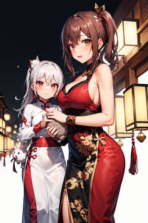 Two beautiful girls, holding a rabbit, white_skin, brown_hair, side ponytail hair, Good figure, 
Wear the light color traditional dress of the Han Chinese people, 
Background is Lantern Festival, many lantern,red light.