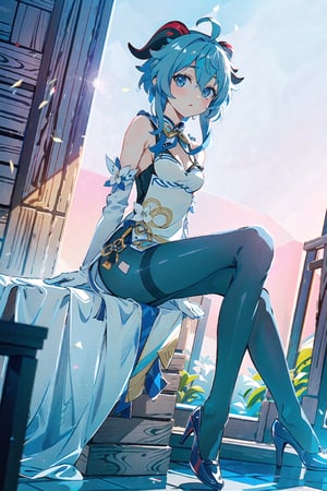 {{masterpiece, best quality, extremely detailed CG, unity 8k wallpaper, cinematic lighting, lens flare}},blue hair,(goat horns:1.2),ganyu french maid,qipaoganyu,hair between eyes,(pantyhose:1.2),(looking at viewer:1.2),blue eyes,bunnygirl suit,wide view,full body,sitting,cosplay,ganyu \(genshin impact\),thick body,ganyu,green eyes, outdoors,pantyhose,,ganyutb,sitting,cross leg,  foot,two_feet,ganyu cheongsam