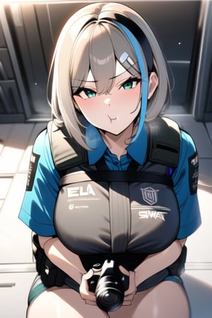 (masterpiece), (best quality), (ultra-detailed), (best illustration), (best shadow), (absurdres), 1girl, solo, ela rainbow six,elar6,ela (rainbow six siege),anisphia_wynn_palettia, camera_pov, Swat vest, looking_at_viewer, girl,mature female,yorumac, pout face, cute