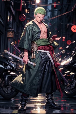 solo, male focus, 1boy, roronoa zoro, scar, muscular male, left eye closed, scar across left eye, japanese clothes, green kimono, full_body, anime style , anime version,with his three sword,serious face, fighting style pose,4k,3k,4k resolution,high_resolution,High quality,normal face , fighting pose ,face similar to anime , using asura mode,zoro