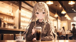 Girl in one third of the screen, 1girl in cafe, long_hair, cute, cup, drink coffee, masterpiece, best quality, aesthetic, depth of field, brown theme