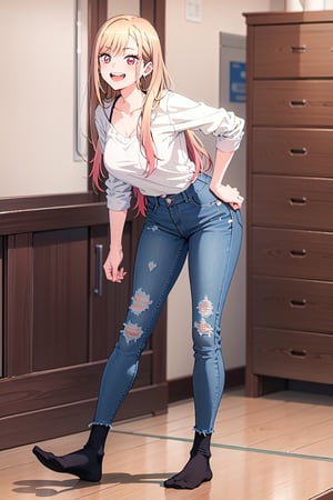 30 years old, modeling pose, foreground,full_body,oversized jeans,black socks,kitagawa marin sb,kitagawa marin sb,1girl, solo, open mouth, grin, smile,long hair, blonde hair, red eyes, multicolored hair, earrings,breasts