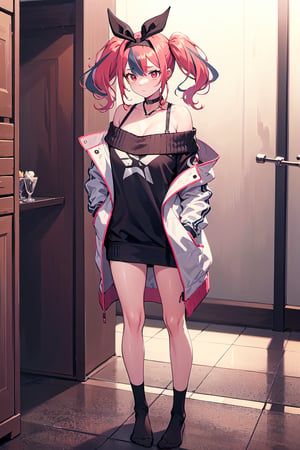 red eyes, no shoes, standing, foreground, full_body, black ankle socks, bremerton \(day-off date\), jacket, twintails, off-shoulder sweater, choker, hairband