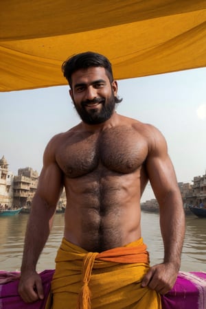 cinematic photo,
very hairy man, body hair, scruffy, Indian, black hair, beard.
clothing: holi celebration, colourful clothing, looking at viewer, smile, hairy chest, abs and arms. 35mm photograph, film, bokeh, professional, 4k, highly detailed
background (Varanasi, Ganges river, colourful, daytime)
High quality, artistic, Bara, vibrant colours