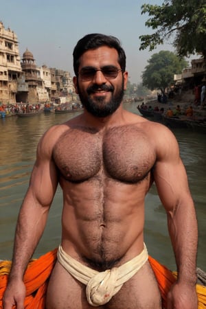 cinematic photo,
very hairy man, body hair, scruffy, Indian, black hair, beard.
clothing: holi celebration, looking at viewer, smile, hairy chest, abs and arms. 35mm photograph, film, bokeh, professional, 4k, highly detailed
background (Varanasi, Ganges river, colourful, daytime)
High quality, artistic, Bara, vibrant colours