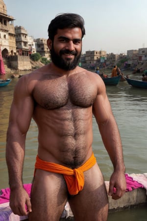 cinematic photo,
very hairy man, body hair, scruffy, Indian, black hair, beard.
clothing: holi celebration, colourful clothing, bulge, looking at viewer, smile, hairy chest, abs and arms.
 35mm photograph, film, bokeh, professional, 4k, highly detailed
background (Varanasi, Ganges river, colourful, daytime)
High quality, artistic, Bara, vibrant colours