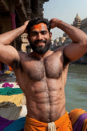 cinematic photo,
very hairy man, body hair, scruffy, Indian, black hair, beard.
clothing: holi celebration, looking at viewer, smile, hairy chest, abs and arms. 35mm photograph, film, bokeh, professional, 4k, highly detailed
background (Varanasi, Ganges river, colourful, daytime)
High quality, artistic, Bara, vibrant colours