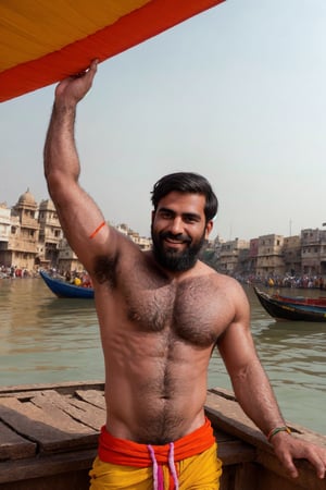 cinematic photo,
very hairy man, body hair, scruffy, Indian, black hair, beard.
clothing: holi celebration, colourful clothing, bulge, looking at viewer, smile, hairy chest, abs and arms.
 35mm photograph, film, bokeh, professional, 4k, highly detailed
background (Varanasi, Ganges river, colourful, daytime)
High quality, artistic, Bara, vibrant colours