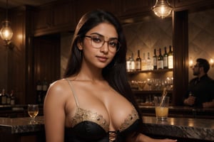 There a woman young beautiful.
Indian woman, face features like Mrunal Thakur,(whitish skin colour), wearing Intricately detailed sexy black body hugging corset top, beautiful eyes, (detailed straight hair with hairs in front), slight makeup, firm medium breasts, (glasses with wide frame), confident smile, confident pose, standing against bar counter with wine glass in hand, photorealistic,night club, realistic detailed background